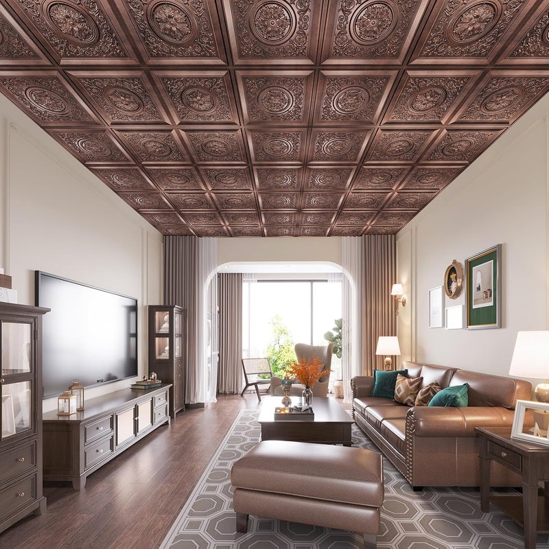 WOWSTAR 12-Pack 24"x24" 3D Drop Ceiling Tiles, Waterproof Glue up Ceiling Panels, Antique Copper - Image 2